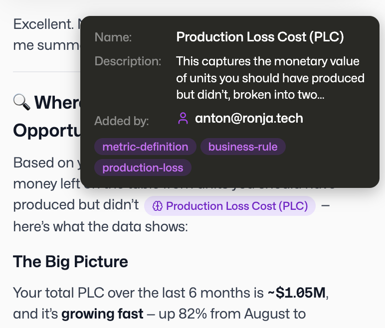 Ronja endorsed metric definition for Production Loss Cost